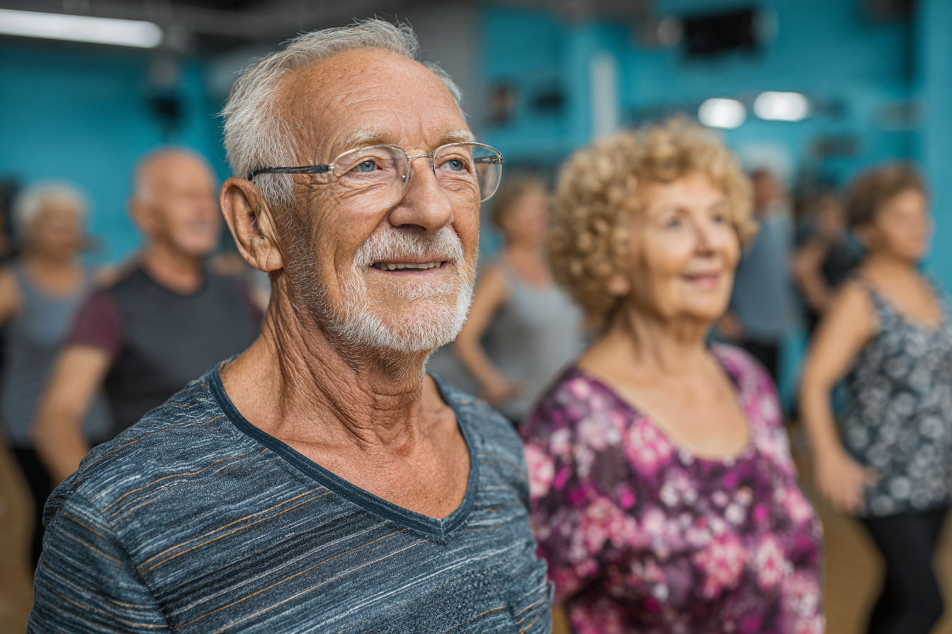 Seniors practicing yoga in a peaceful garden setting